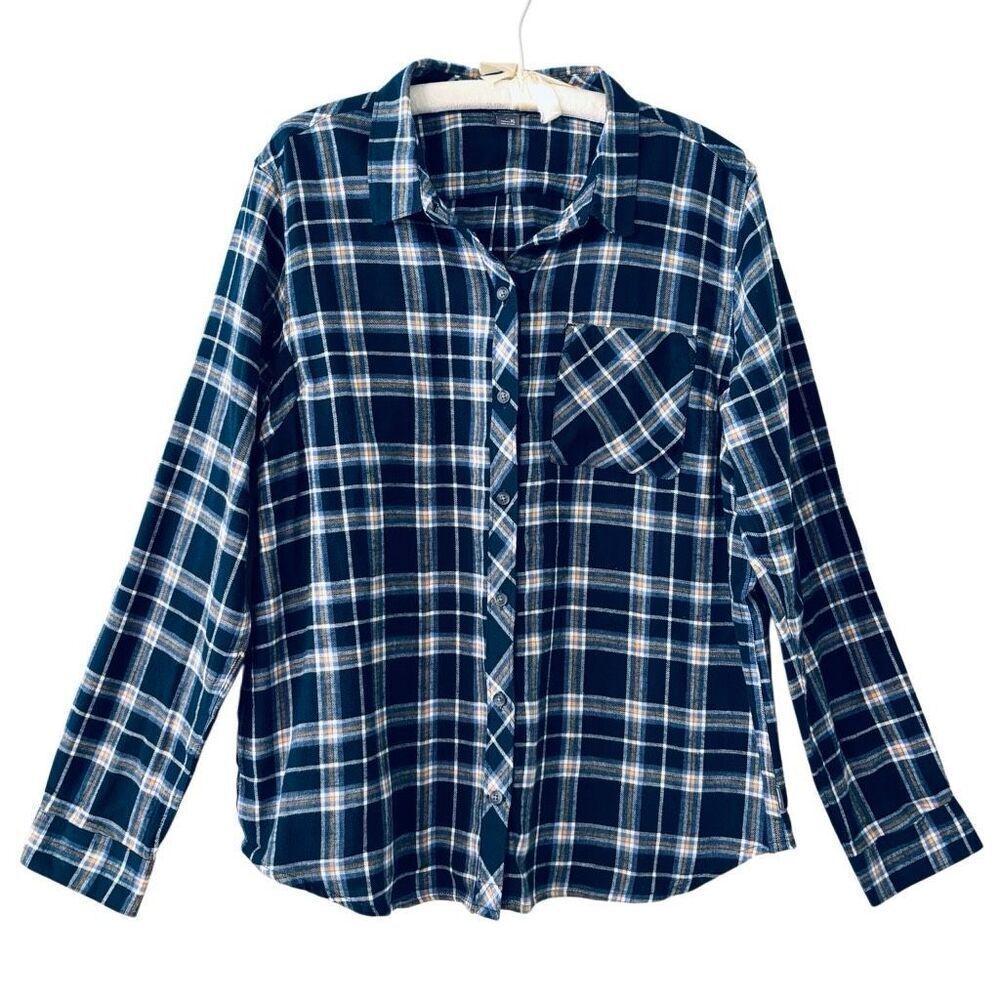 Eddie Bauer XL blue white yellow plaid flannel 100% cotton button front shirt